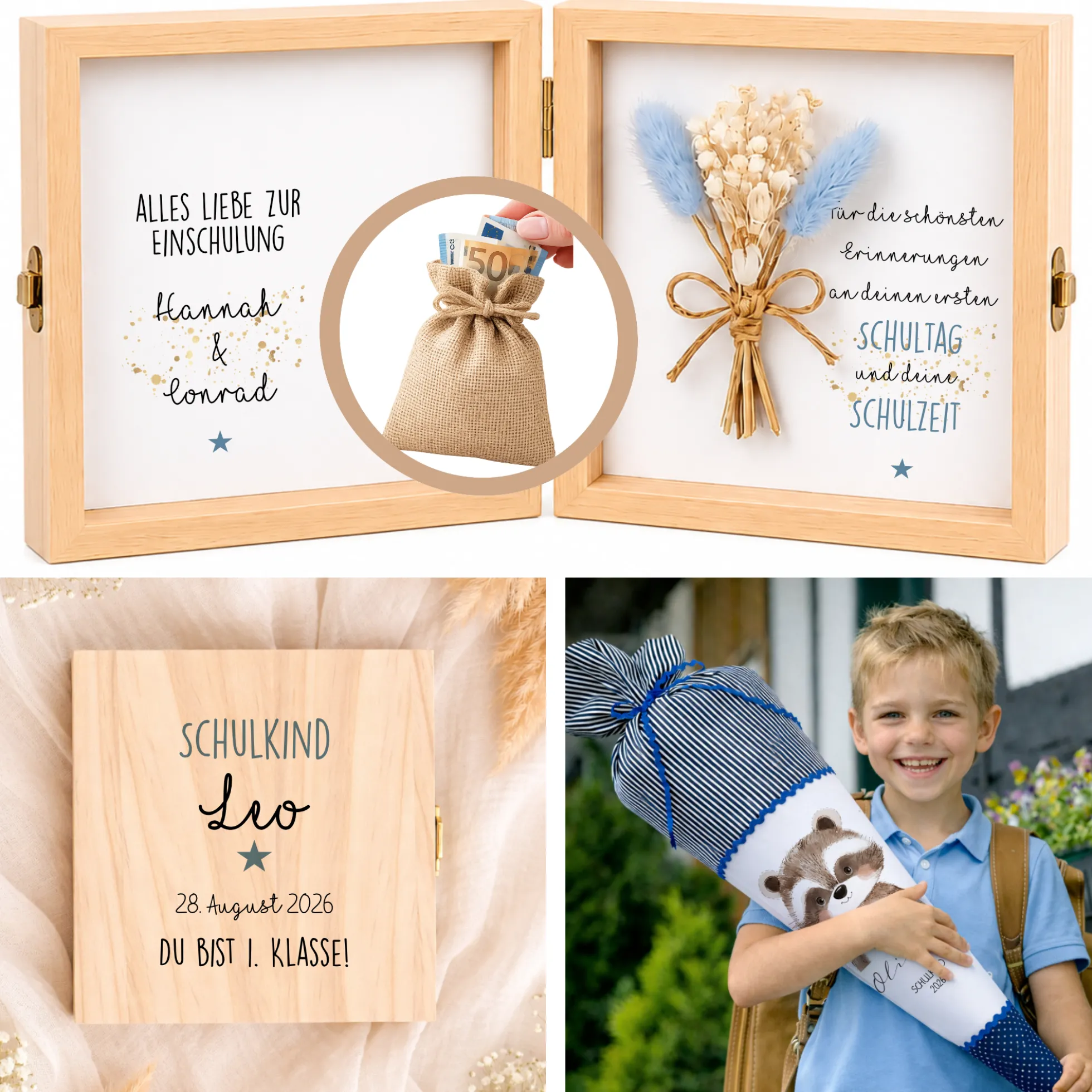 Geschenkbox zur Einschulung – personalisierte Holzbox mit Trockenblumen & Geldsäckchen