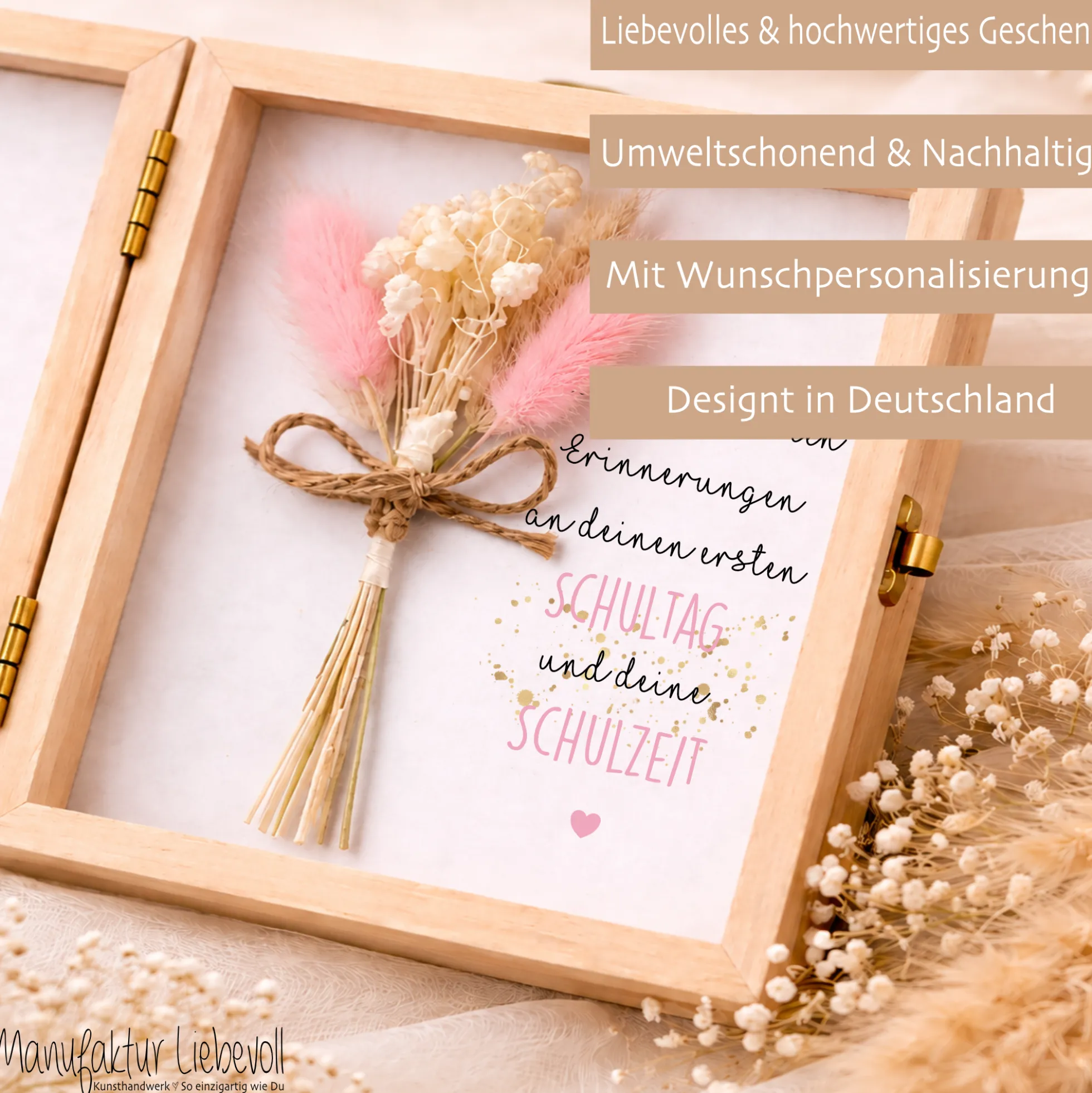 Geschenkbox zur Einschulung – personalisierte Holzbox mit Trockenblumen & Geldsäckchen