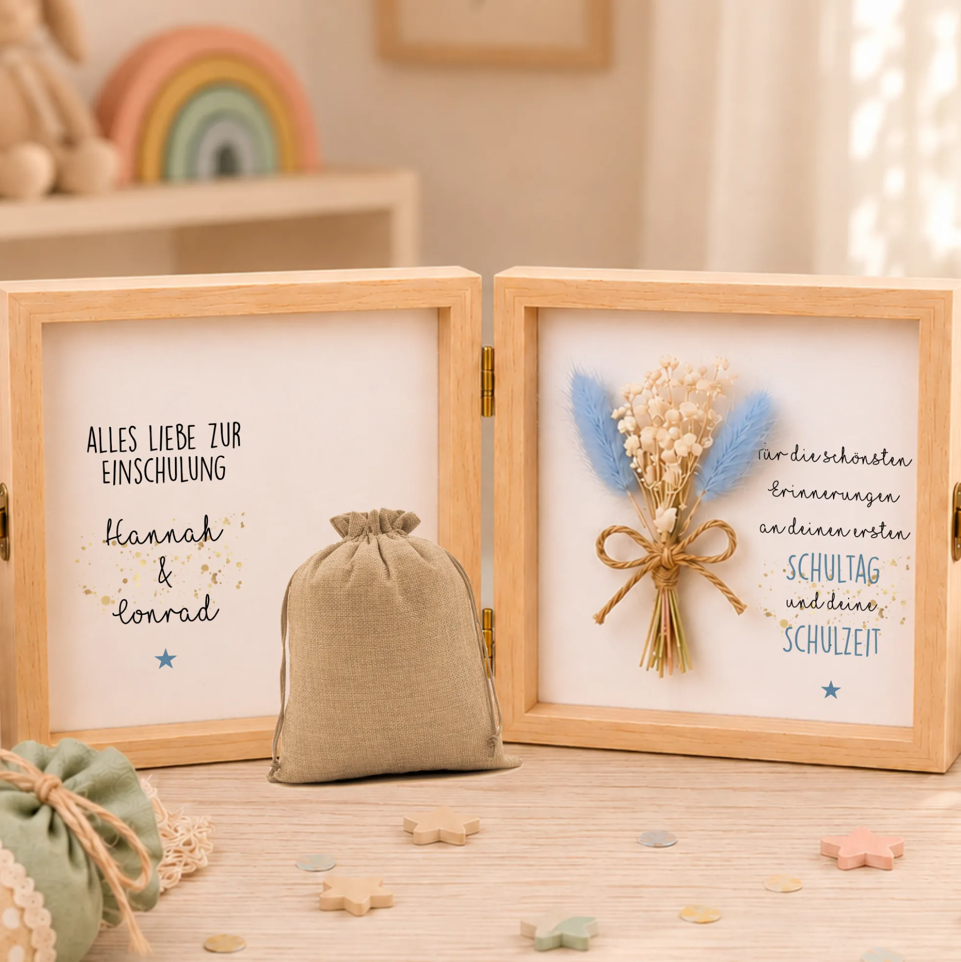 Geschenkbox zur Einschulung – personalisierte Holzbox mit Trockenblumen & Geldsäckchen