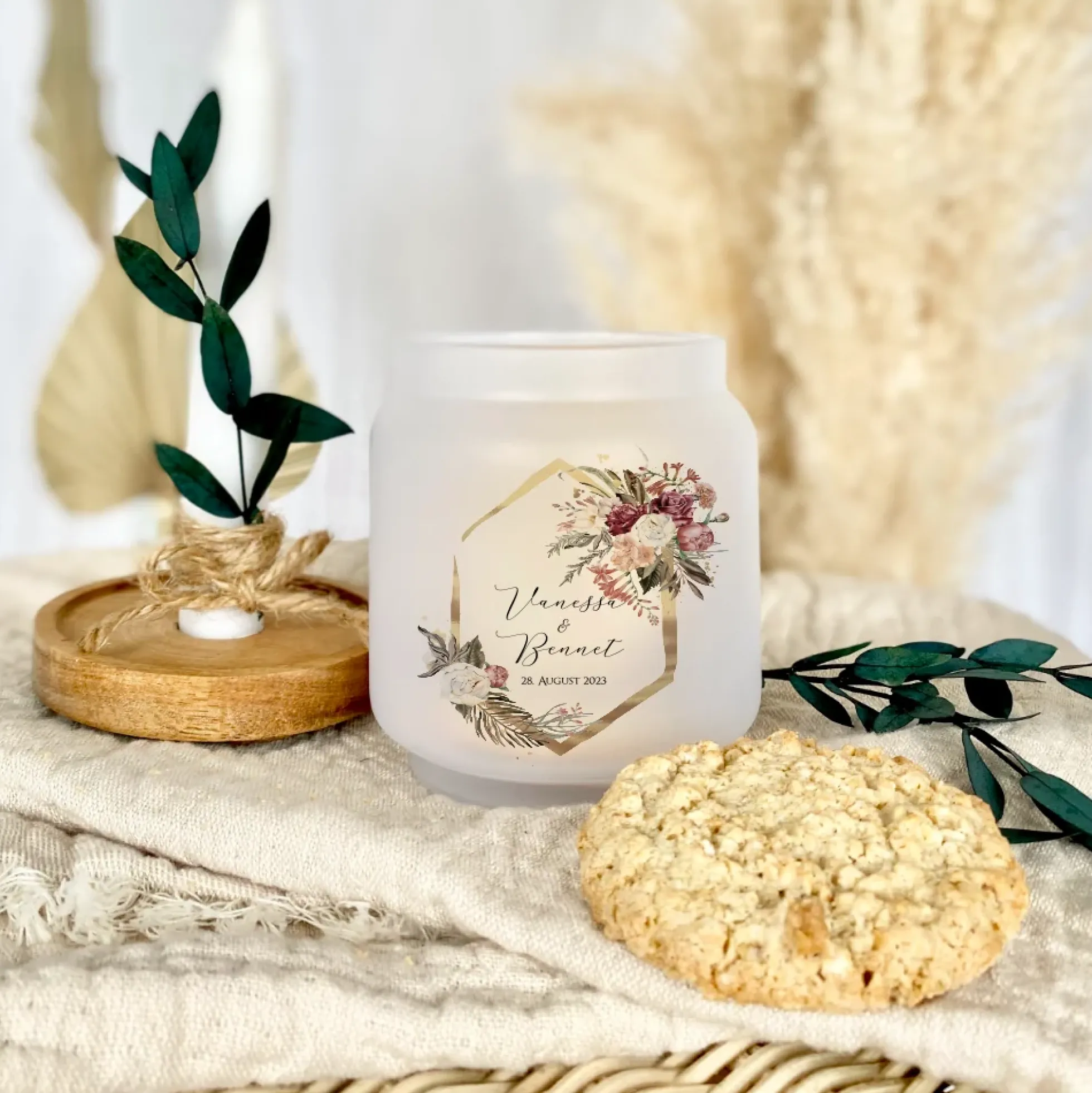 Geschenkglas zur Hochzeit personalisiert mit den Namen des Paares, Geschenkset mit Kerze und Trockenblume