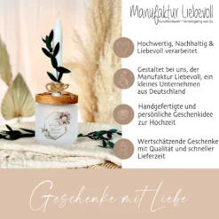 Geschenkglas zur Hochzeit personalisiert mit den Namen des Paares, Geschenkset mit Kerze und Trockenblume