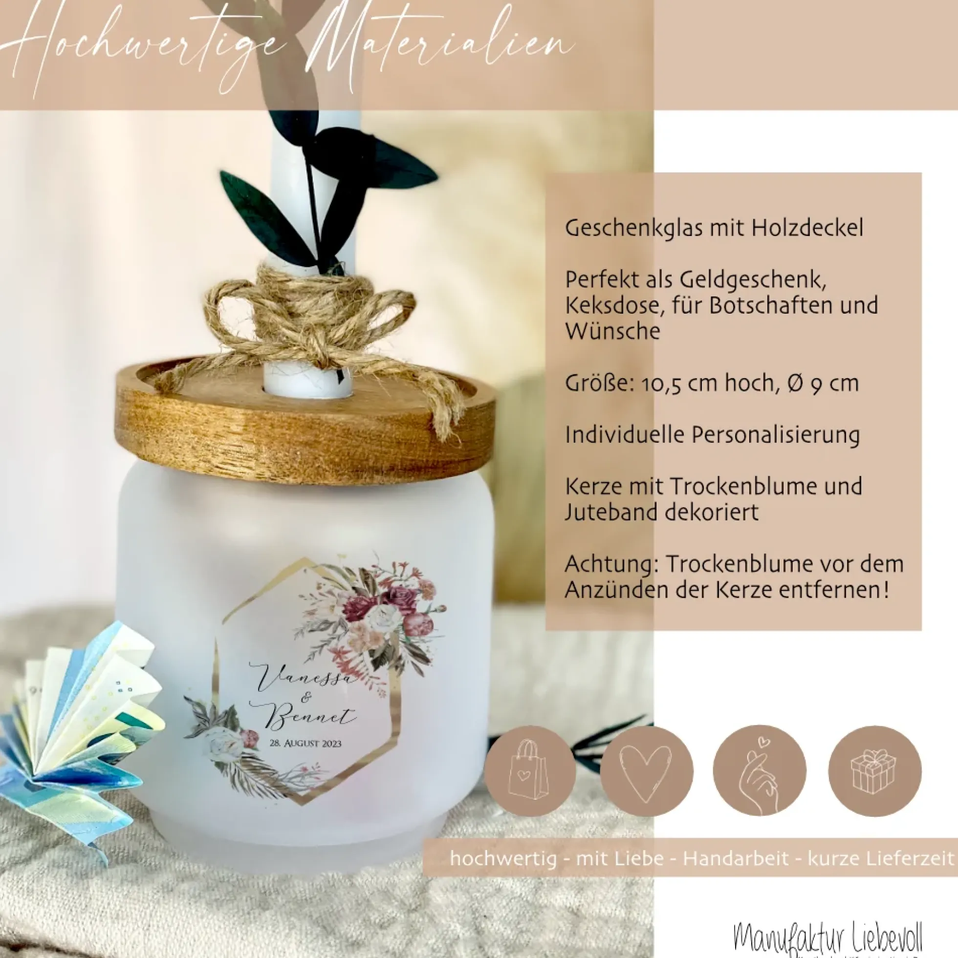 Geschenkglas zur Hochzeit personalisiert mit den Namen des Paares, Geschenkset mit Kerze und Trockenblume