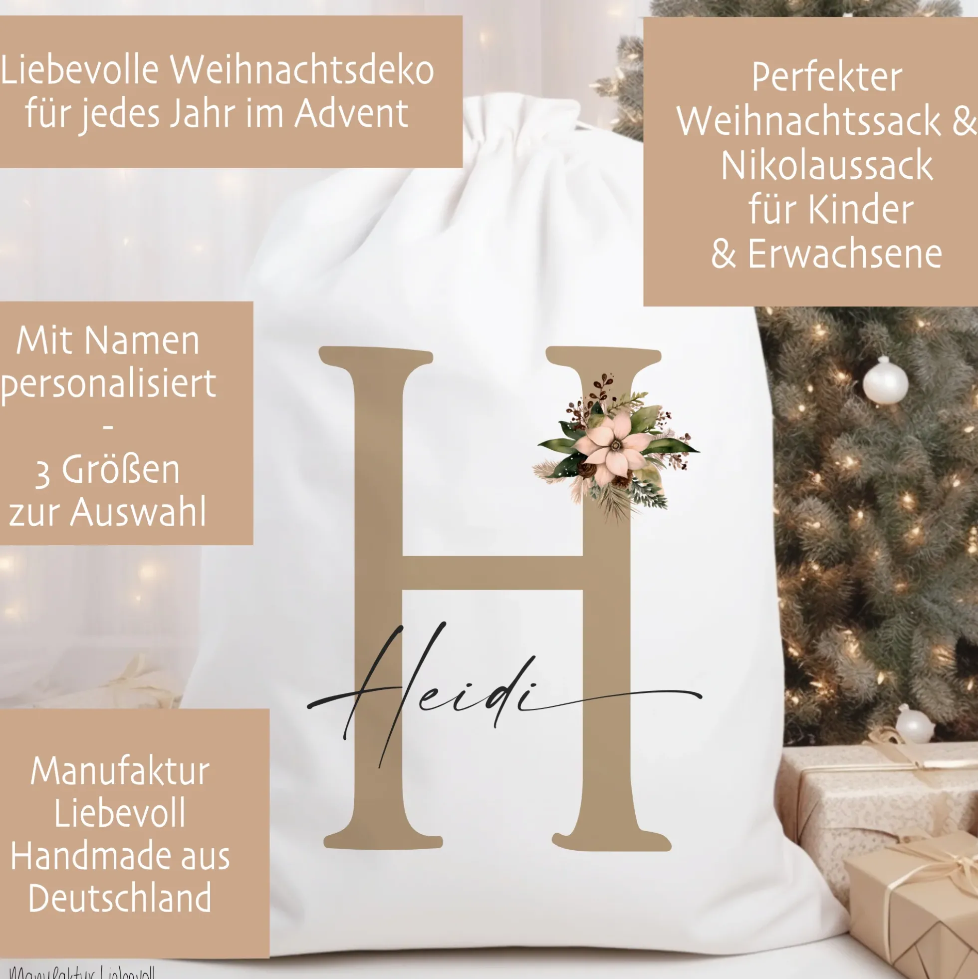 Geschenksack Namen Nikolaussack "Weihnachtsblume" Kinder Erwachsene Weihnachtsmannsack