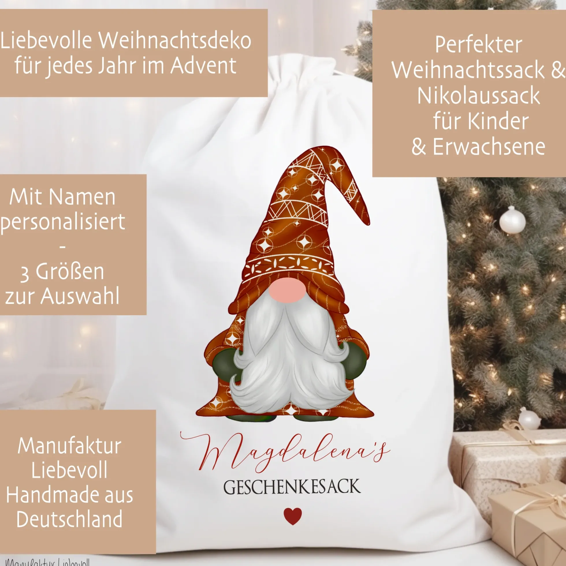 Geschenksack Namen Nikolaussack "Wichtel" Kinder Erwachsene Weihnachtsmannsack
