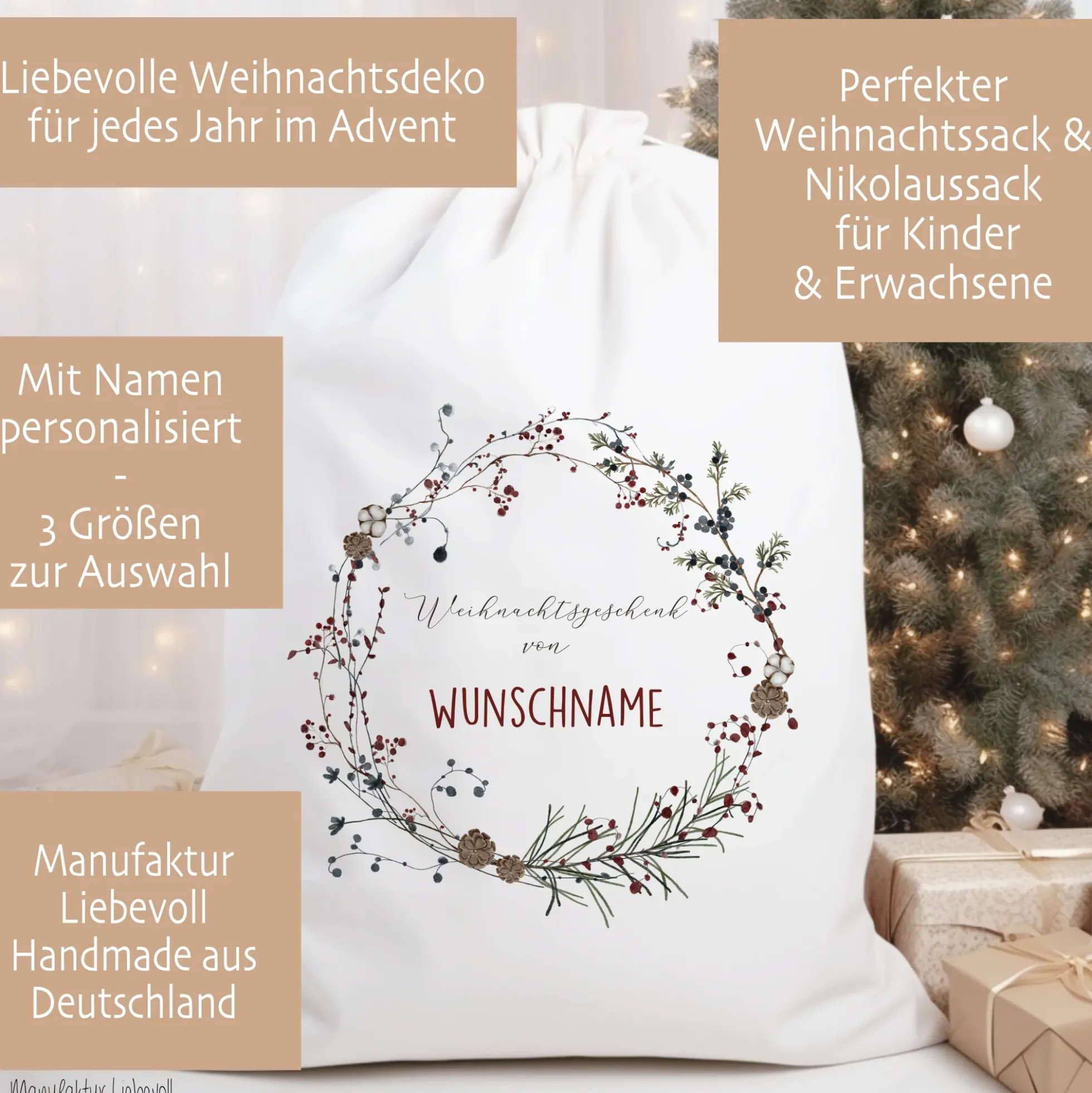 Geschenksack Namen Nikolaussack "Kranz" Kinder Erwachsene Weihnachtsmannsack