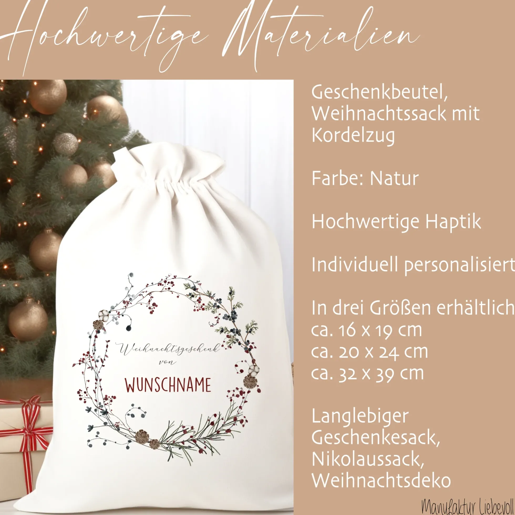 Geschenksack Namen Nikolaussack "Kranz" Kinder Erwachsene Weihnachtsmannsack