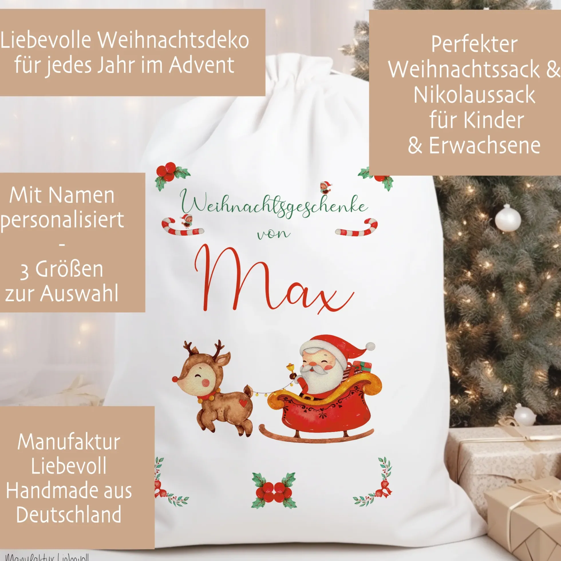 Geschenksack Namen Nikolaussack "Weihnachtsmann Schlitten" Kinder Erwachsene Weihnachtsmannsack
