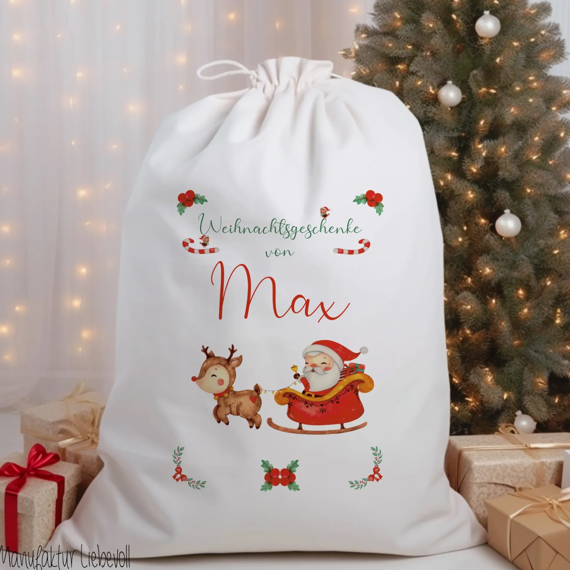 Geschenksack Namen Nikolaussack "Weihnachtsmann Schlitten" Kinder Erwachsene Weihnachtsmannsack