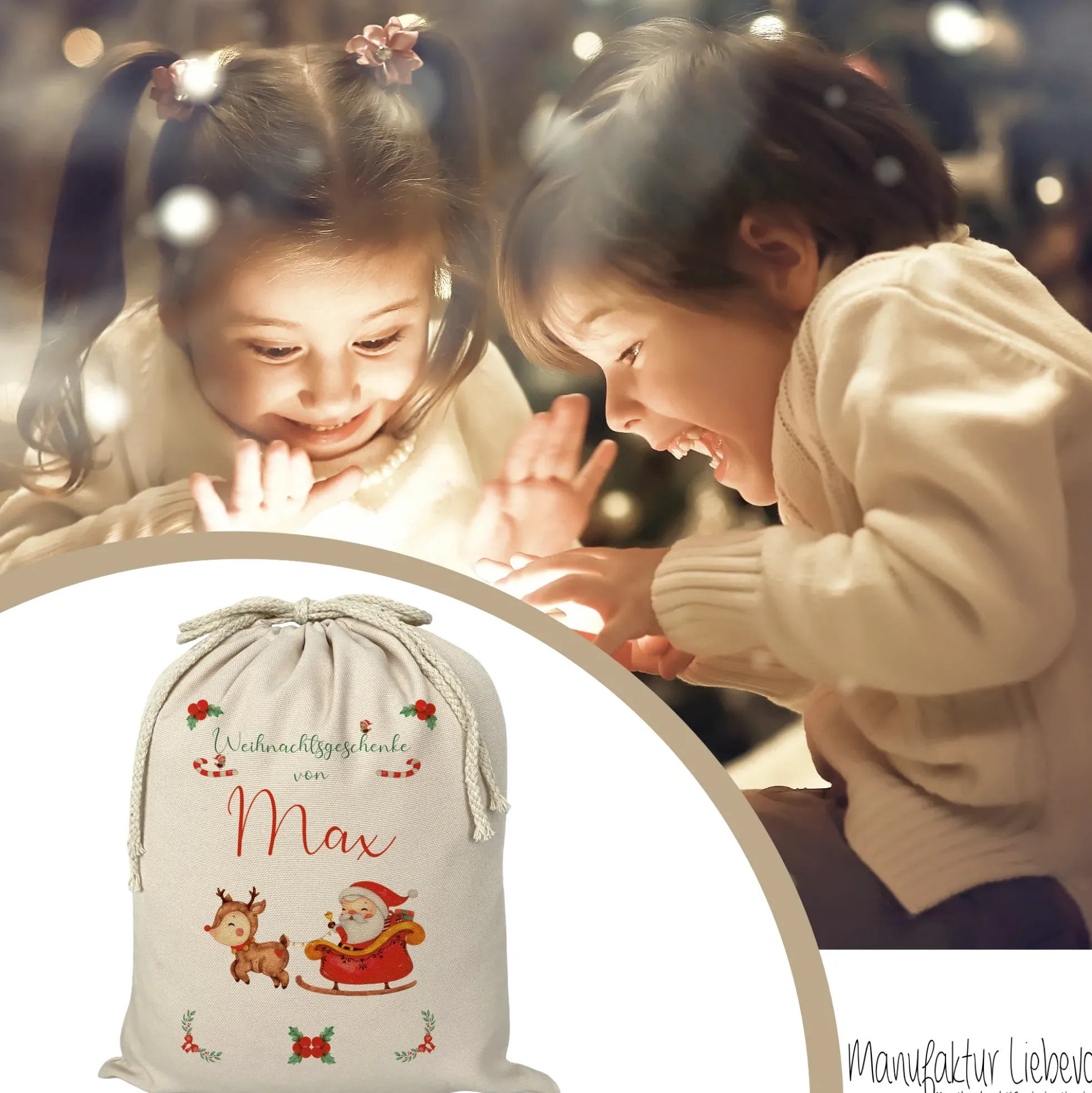 Geschenksack Namen Nikolaussack "Weihnachtsmann Schlitten" Kinder Erwachsene Weihnachtsmannsack