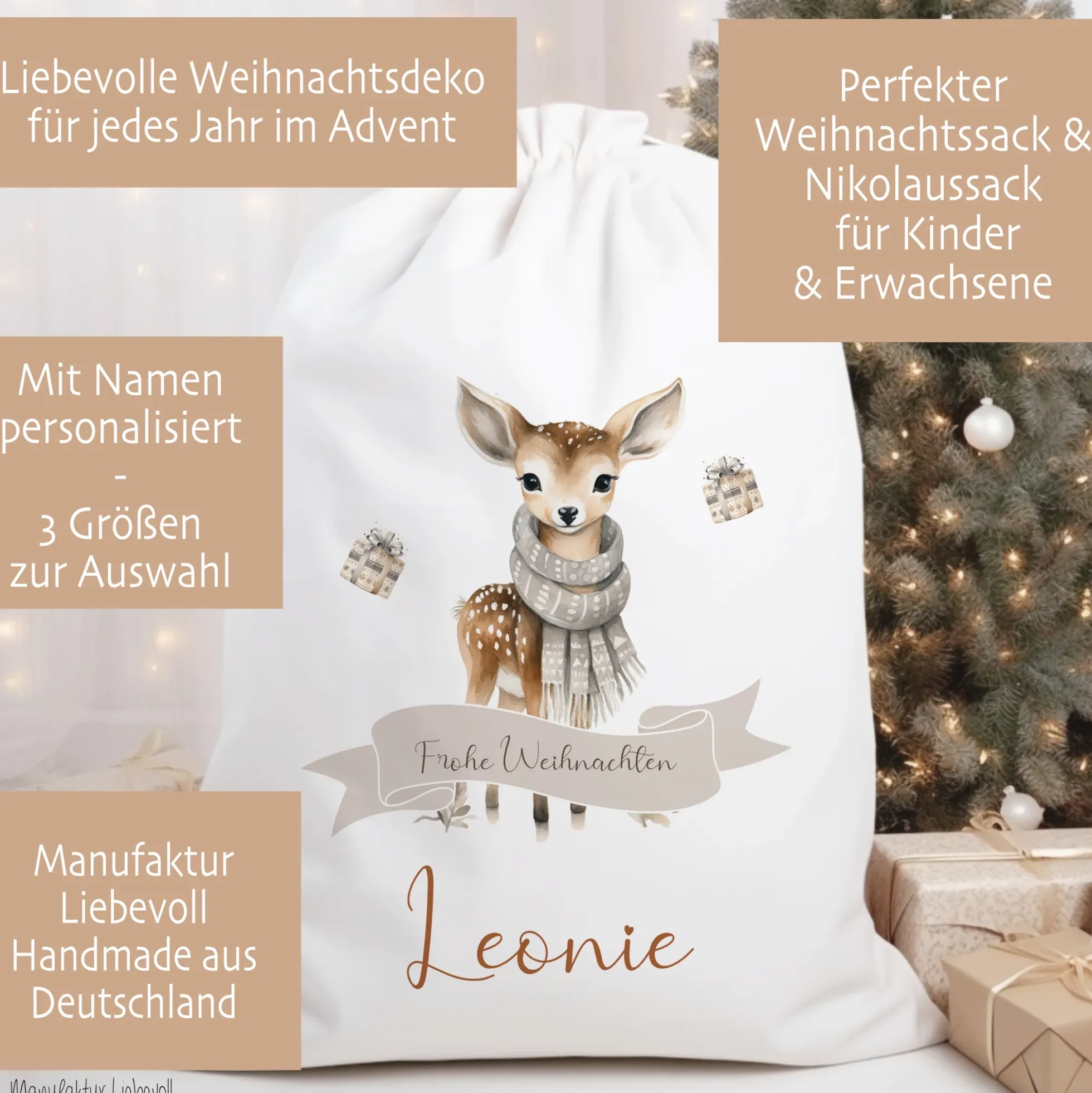 Geschenksack Namen Nikolaussack "Rehkitz" Kinder Erwachsene Weihnachtsmannsack