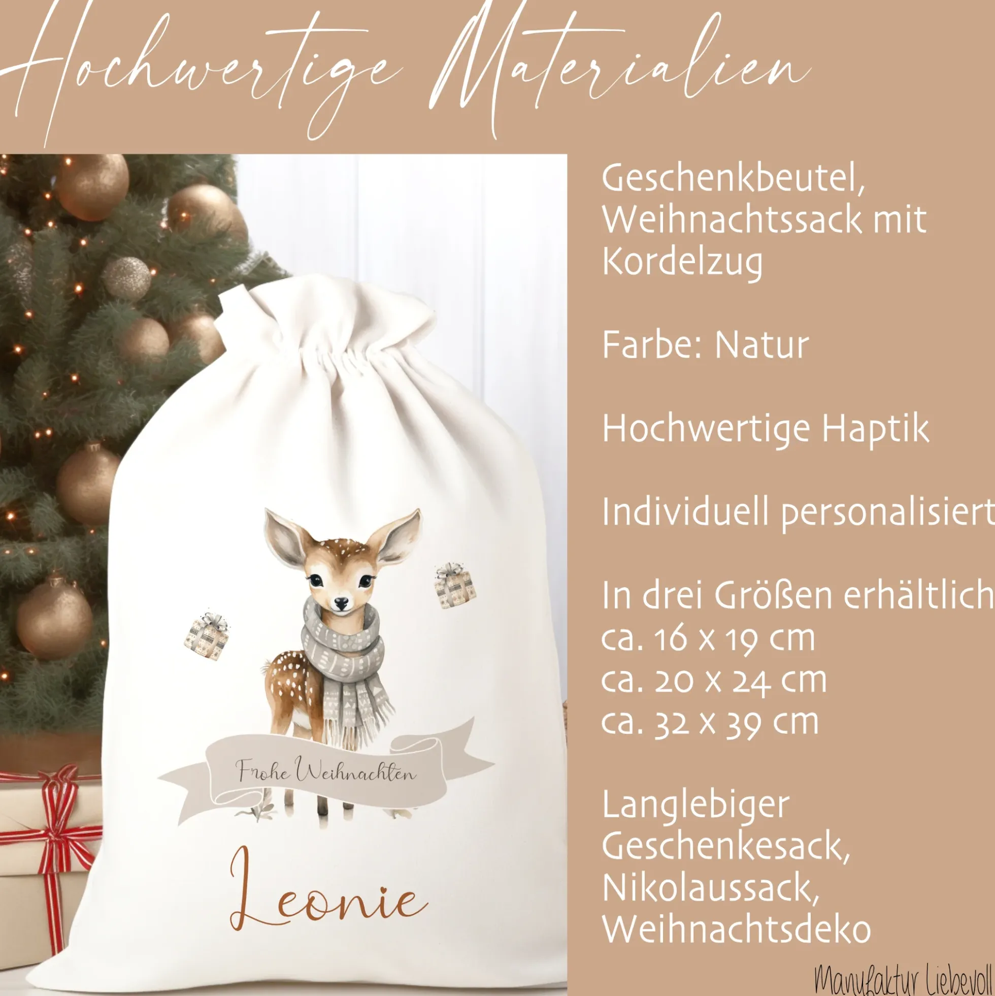 Geschenksack Namen Nikolaussack "Rehkitz" Kinder Erwachsene Weihnachtsmannsack