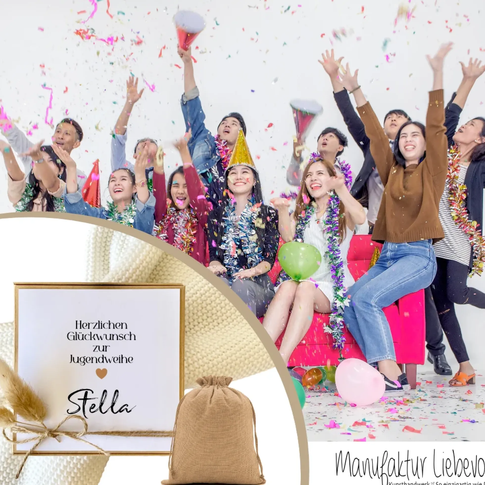 Geschenkschachtel Jugendweihe, Konfirmation, Kommunion, Firmung, Taufe, Einschulung Karte mit Namen, Geldgeschenk Box inkl. Jutebeutel I Manufaktur Liebevoll