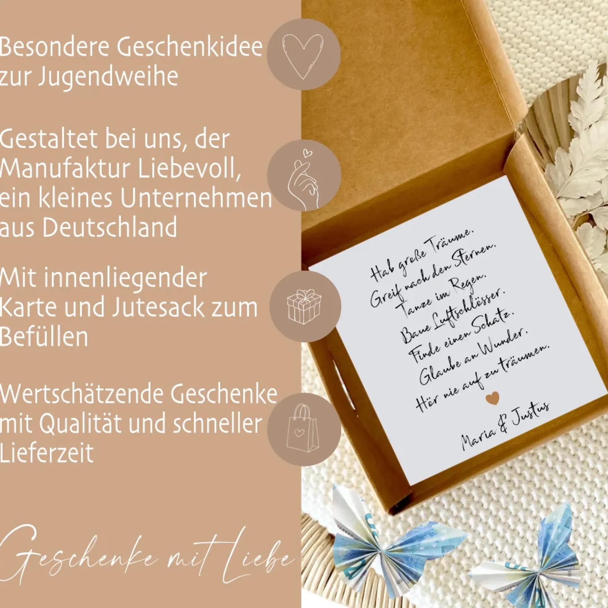 Geschenkschachtel Jugendweihe, Konfirmation, Kommunion, Firmung, Taufe, Einschulung Karte mit Namen, Geldgeschenk Box inkl. Jutebeutel I Manufaktur Liebevoll