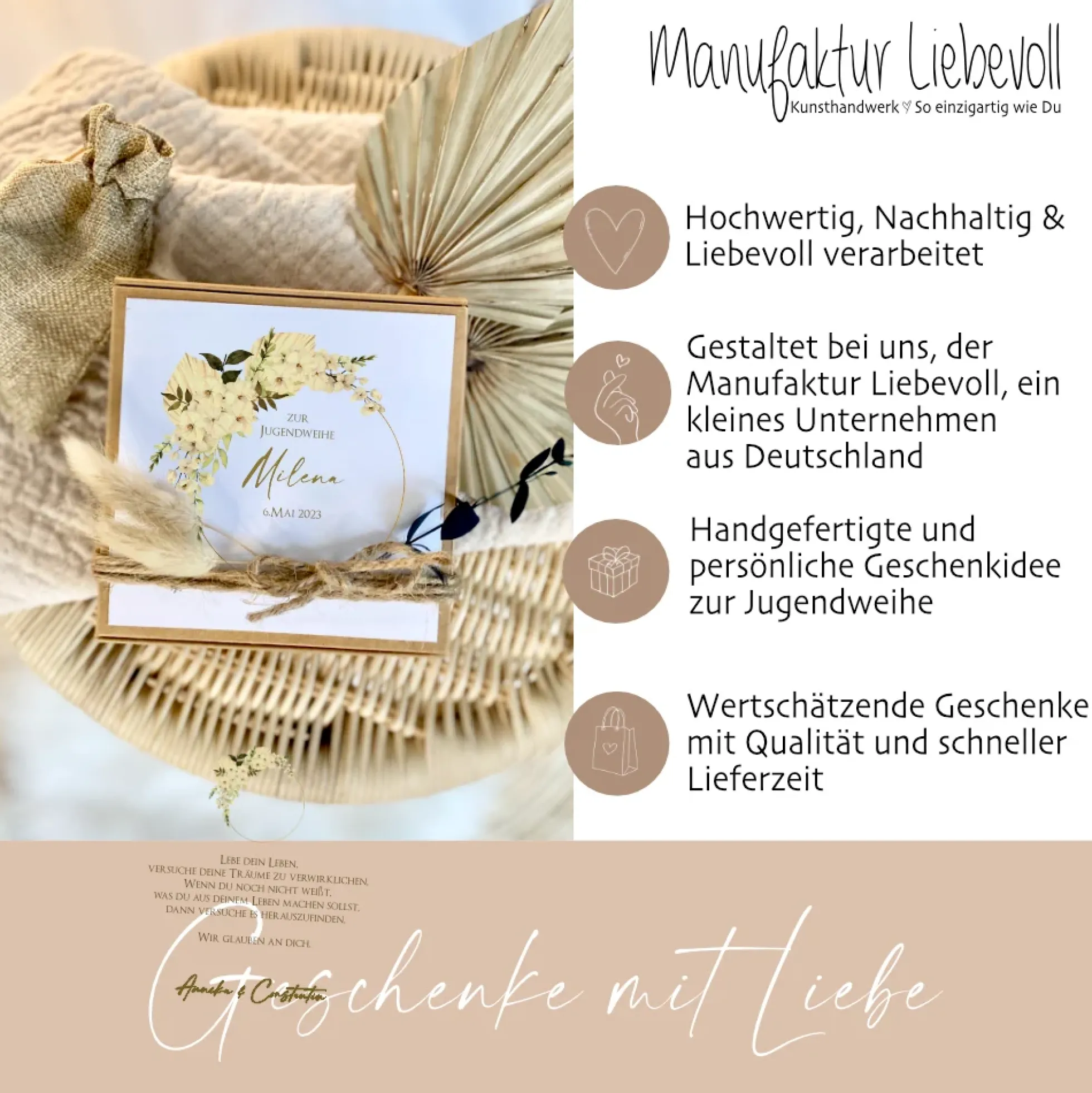 Geschenkschachtel mit Karte Jugendweihegeschenk, Konfirmaion Geschenk, Kommunion Karte mit Namen, Geldgeschenk Box inkl. Jutebeutel I Manufaktur Liebevoll