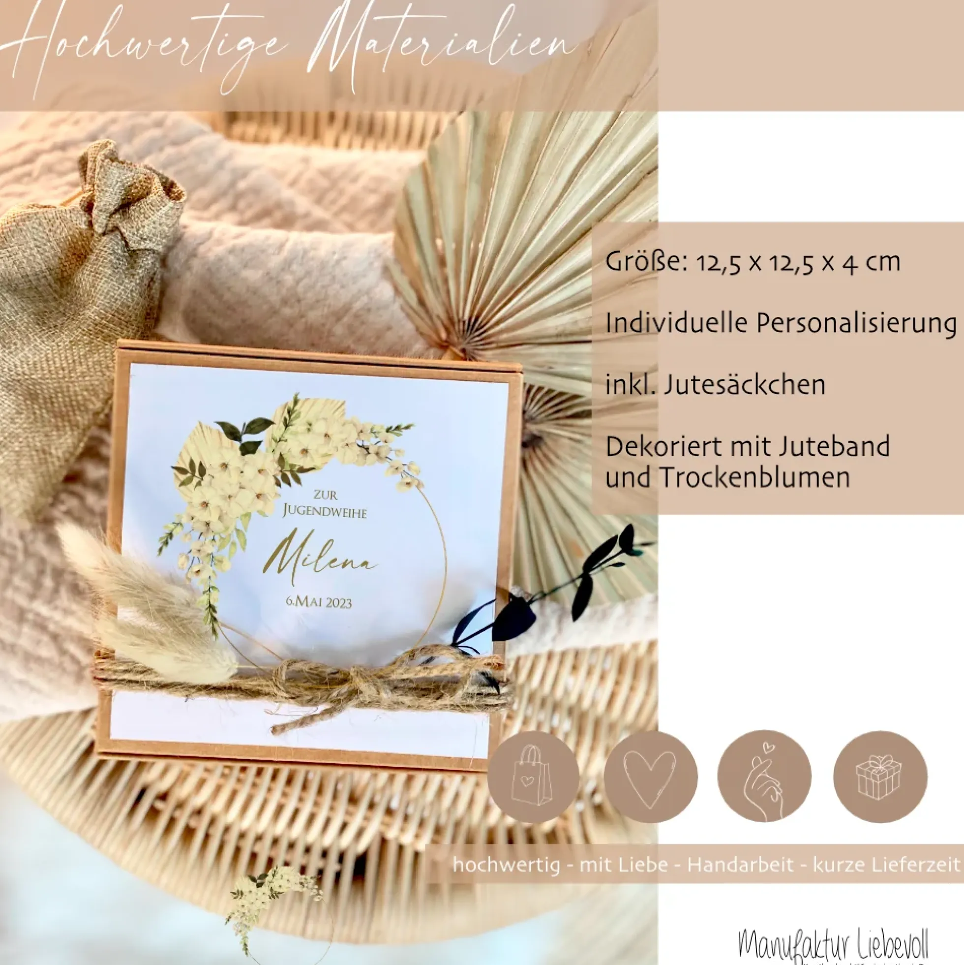 Geschenkschachtel mit Karte Jugendweihegeschenk, Konfirmaion Geschenk, Kommunion Karte mit Namen, Geldgeschenk Box inkl. Jutebeutel I Manufaktur Liebevoll