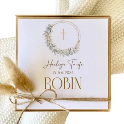 Geschenkschachtel Taufkarte Eukalyptus mit Namen für Mädchen und Jungen, Taufgeschenk Babygeschenke Geldgeschenk zur Taufe inkl. Jutebeutel I Manufaktur Liebevoll