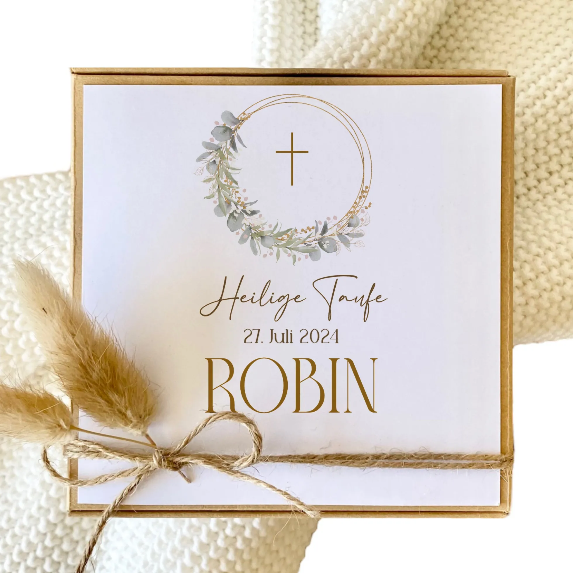 Geschenkschachtel Taufkarte Eukalyptus mit Namen für Mädchen und Jungen, Taufgeschenk Babygeschenke Geldgeschenk zur Taufe inkl. Jutebeutel I Manufaktur Liebevoll