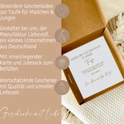 Geschenkschachtel Taufkarte Eukalyptus mit Namen für Mädchen und Jungen, Taufgeschenk Babygeschenke Geldgeschenk zur Taufe inkl. Jutebeutel I Manufaktur Liebevoll