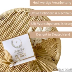 Geschenkschachtel Taufkarte Eukalyptus mit Namen für Mädchen und Jungen, Taufgeschenk Babygeschenke Geldgeschenk zur Taufe inkl. Jutebeutel I Manufaktur Liebevoll