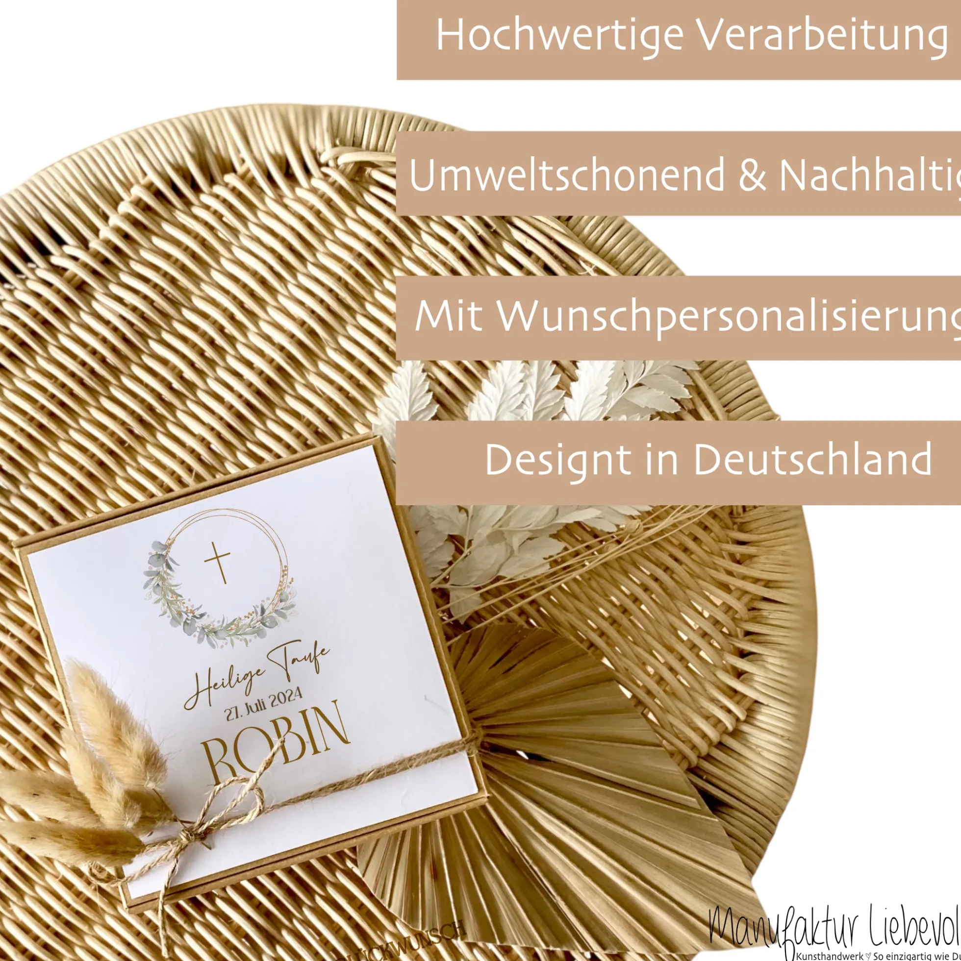 Geschenkschachtel Taufkarte Eukalyptus mit Namen für Mädchen und Jungen, Taufgeschenk Babygeschenke Geldgeschenk zur Taufe inkl. Jutebeutel I Manufaktur Liebevoll