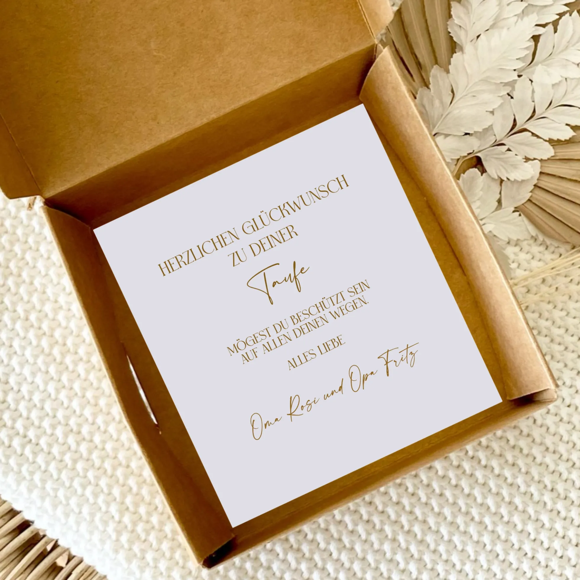 Geschenkschachtel Taufkarte Eukalyptus mit Namen für Mädchen und Jungen, Taufgeschenk Babygeschenke Geldgeschenk zur Taufe inkl. Jutebeutel I Manufaktur Liebevoll