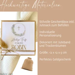Geschenkschachtel Taufkarte Eukalyptus mit Namen für Mädchen und Jungen, Taufgeschenk Babygeschenke Geldgeschenk zur Taufe inkl. Jutebeutel I Manufaktur Liebevoll