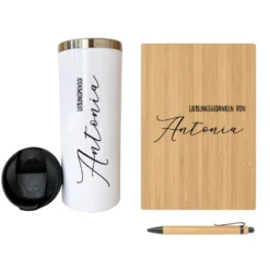 Geschenkset Thermobecher und Notizbuch "Lieblingsmensch - Lieblingsgedanken" mit Namen für Sie u. Ihn | Personalisiertes Geschenk für Frauen u. Männer | Geschenkidee zum Geburtstag, als Dankeschön