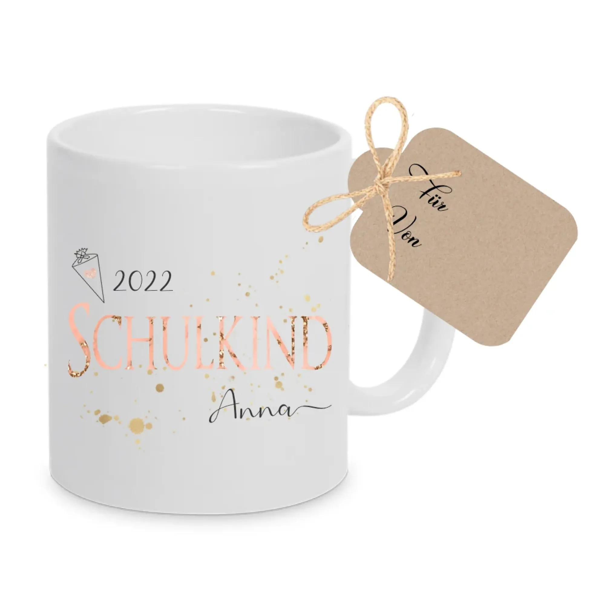 Geschenk zur Einschulung und Schulbeginn | Keramiktasse "Schulkind" mit Namen u. Jahreszahl | Einschulungsgeschenk für Mädchen und Jungen | Geschenkidee zum Schulbeginn für Kinder | 2 Motivvarianten zur Auswahl