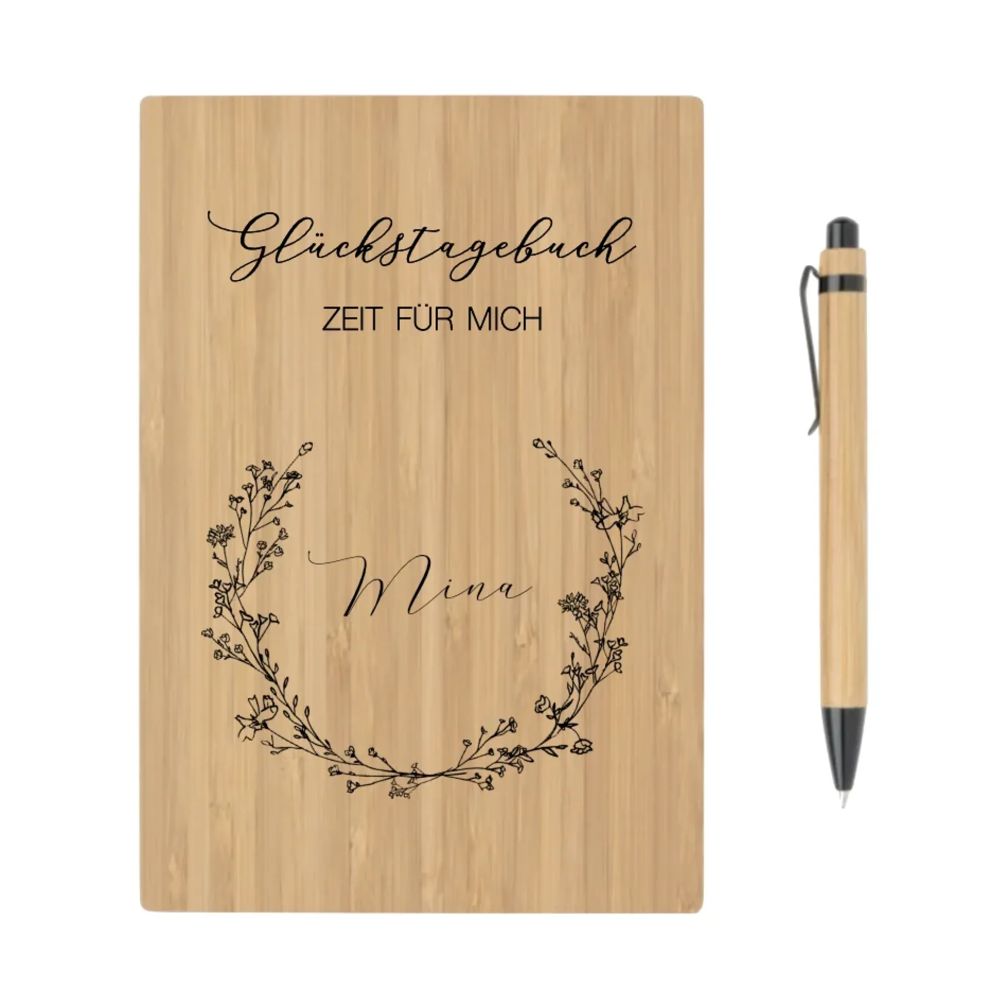 Glückstagebuch - Zeit für mich | Personalisiertes Tagebuch für Gedanken, Achtsamkeit und Erinnerungen | Notizbuch mit Name und floralen Blumenkranz