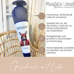 Handgenähte blaue Stoff Schultüte Junge Hase Name Einschulungstüte Einschulungsdatum Zuckertüte 70 cm personalisiert | Optional mit Füllkissen und Spitzenschutz