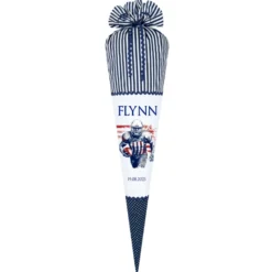 Handgenähte blaue Stoff USA Schultüte Football Amerika Sport mit Namen für Jungen Einschulungstüte Datum 70 cm | Optional mit Füllkissen und Spitzenschutz