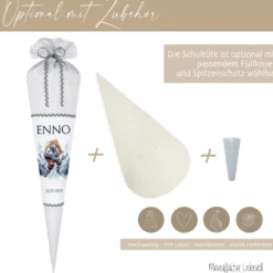 Handgenähte personalisierte graue Eishockey Stoff Schultüte mit Namen Sport Einschulungstüte Datum Zuckertüte 70 cm | Optional mit Füllkissen und Spitzenschutz
