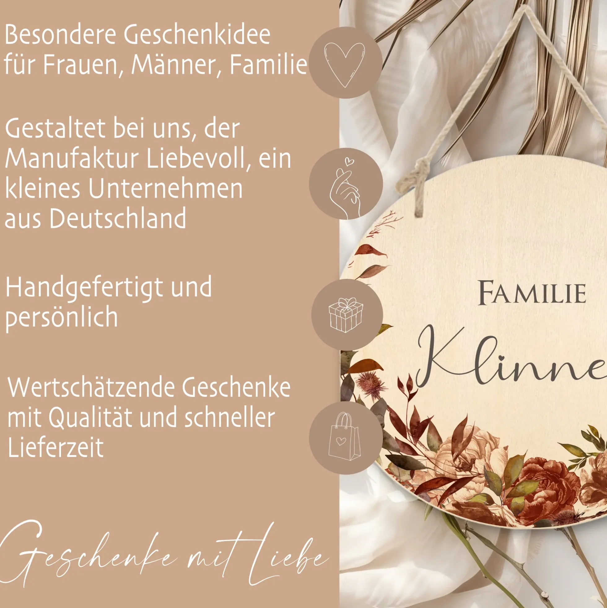 Haustürschild aus Holz "Spätblüher" | Türschild mit dem Familiennamen | Personalisiertes Geschenk u. besondere Geschenkidee für Familien | Deko für den Herbst | 3 Motivvarianten zur Auswahl