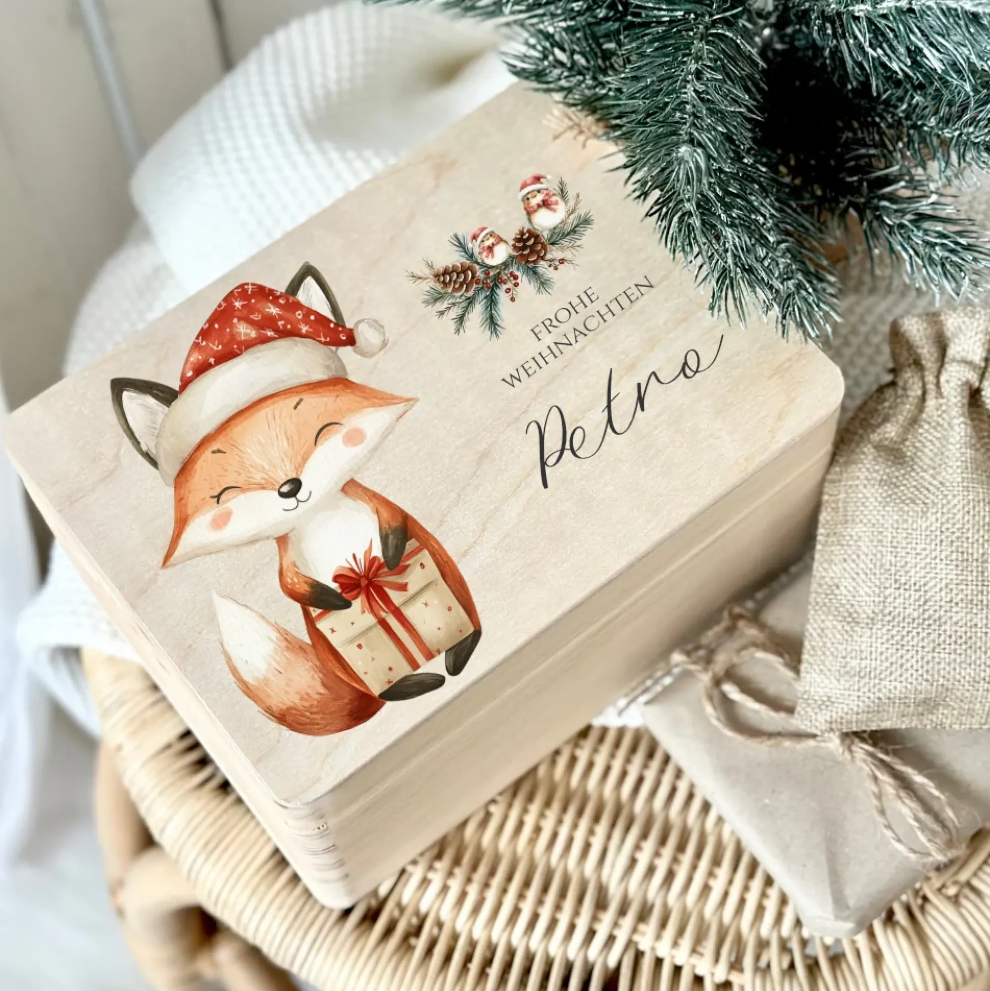 Holzbox Personalisiert Weihnachten Fuchs Geschenkbox Frohe Weihnachten Personalisierte Heiligabend für Kinder Fuchs Weihnachtsbox Holzkiste