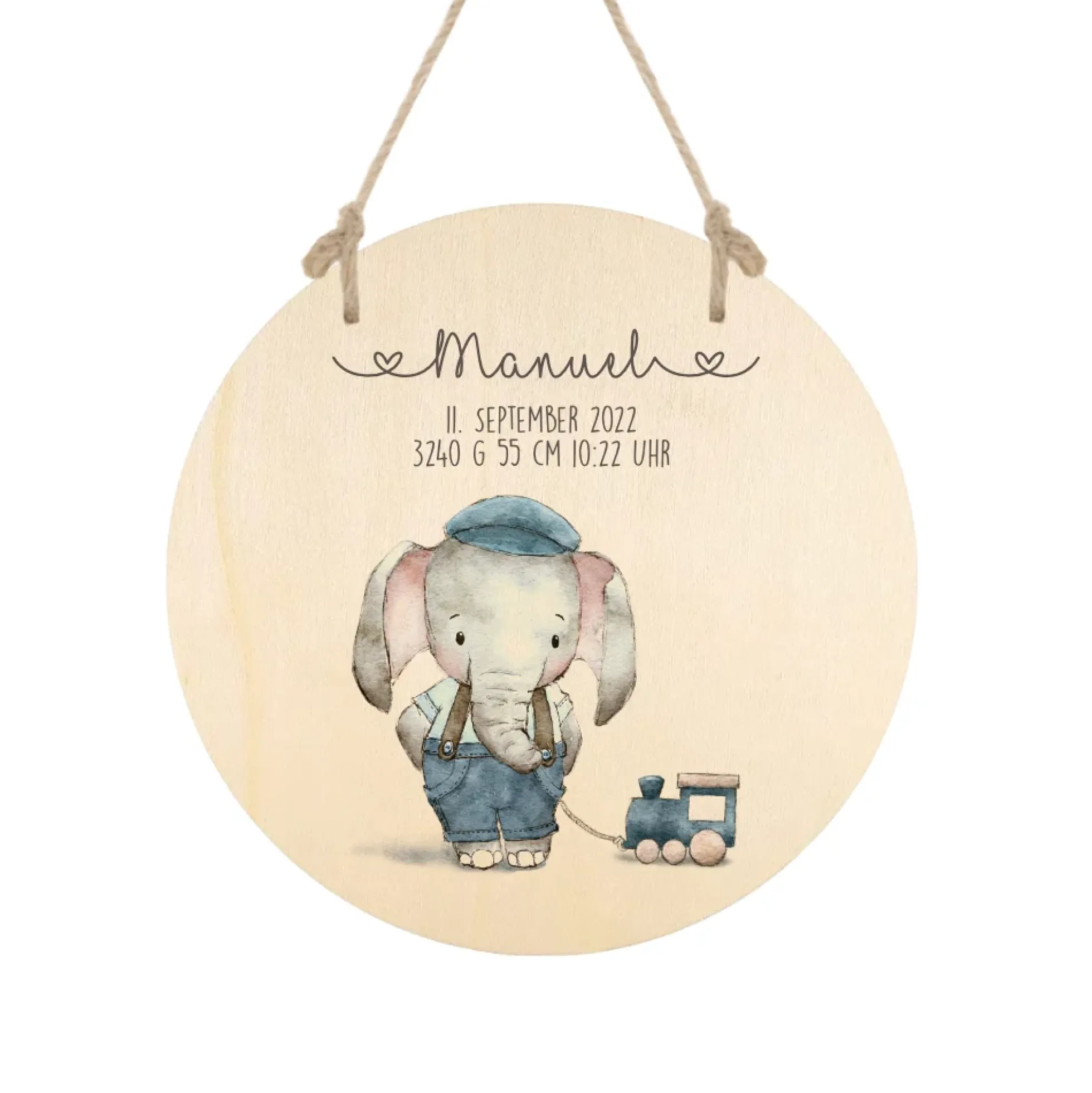 Holzschild mit Elefant, Namen und Geburtsdaten für Mädchen u. Jungen | Personalisiertes Geschenk u. Babygeschenk zur Geburt u. Taufe