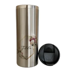 Kaffeebecher "Floral Boho" für unterwegs aus Edelstahl | Personalisiert mit Namen, Coffee to go Thermobecher | 2 Farbvarianten zur Auswahl