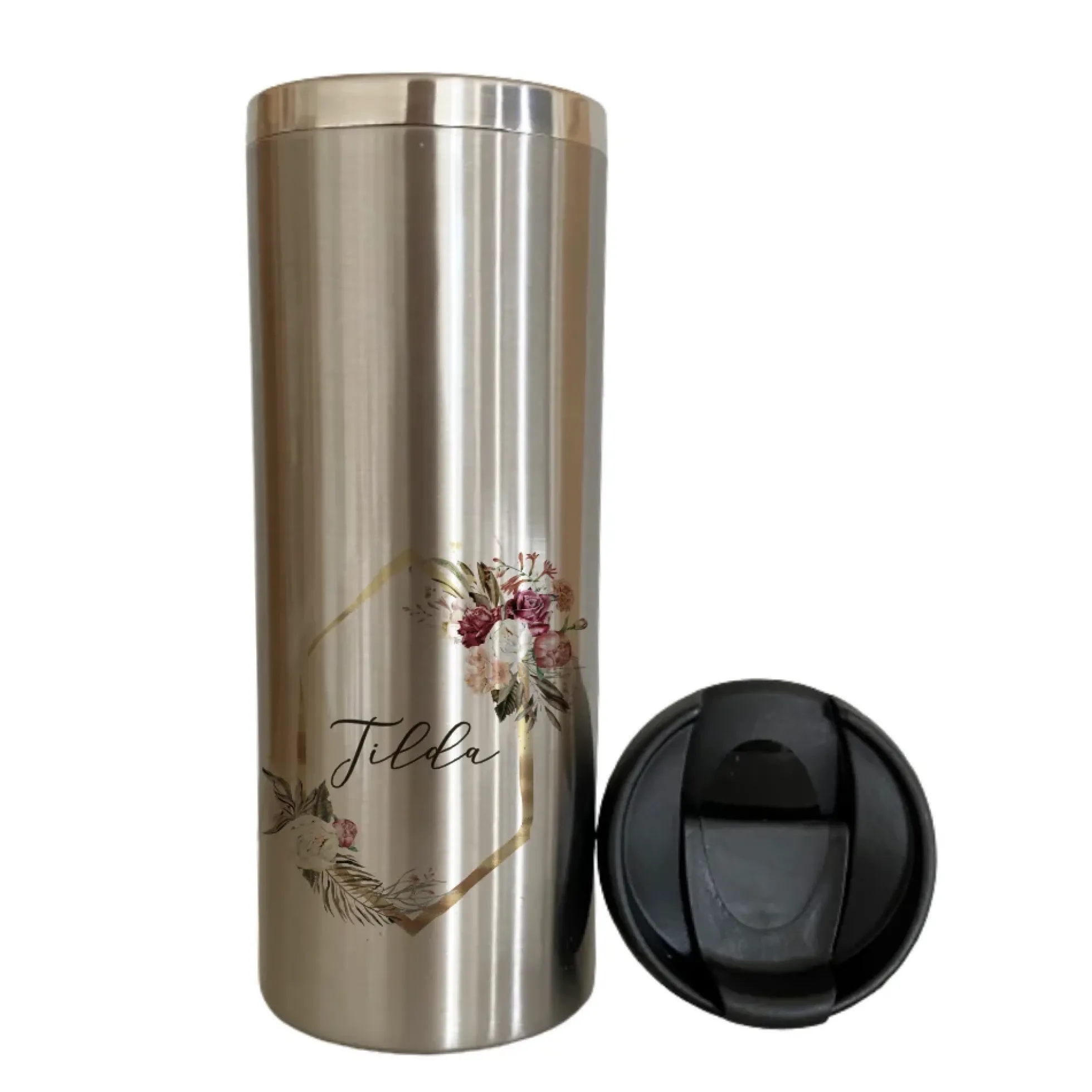 Kaffeebecher "Floral Boho" für unterwegs aus Edelstahl | Personalisiert mit Namen, Coffee to go Thermobecher | 2 Farbvarianten zur Auswahl