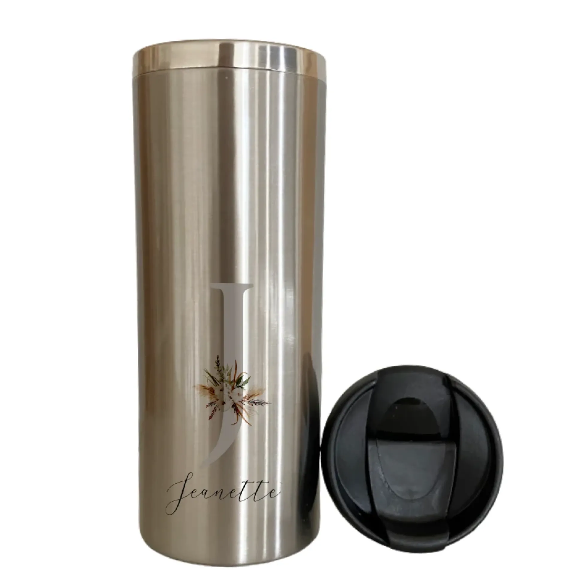 Kaffeebecher für unterwegs aus Edelstahl, personalisiert mit Namen, Coffee to go Thermobecher, Geschenkidee im floralen Design | 2 Farbvarianten zur Auswahl