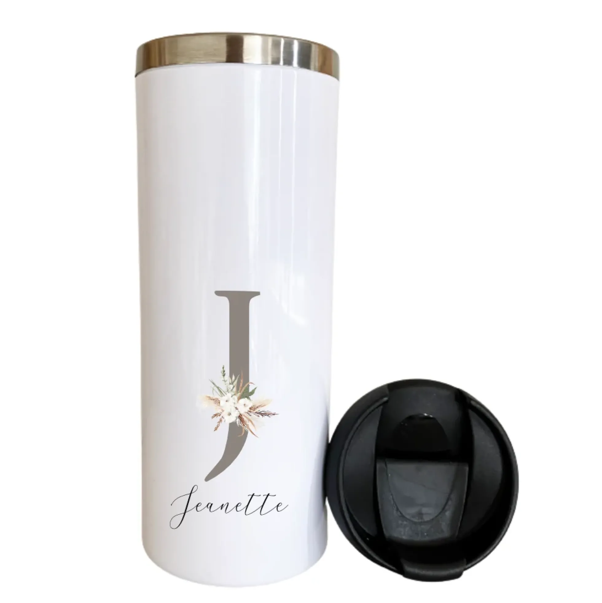 Kaffeebecher für unterwegs aus Edelstahl, personalisiert mit Namen, Coffee to go Thermobecher, Geschenkidee im floralen Design | 2 Farbvarianten zur Auswahl