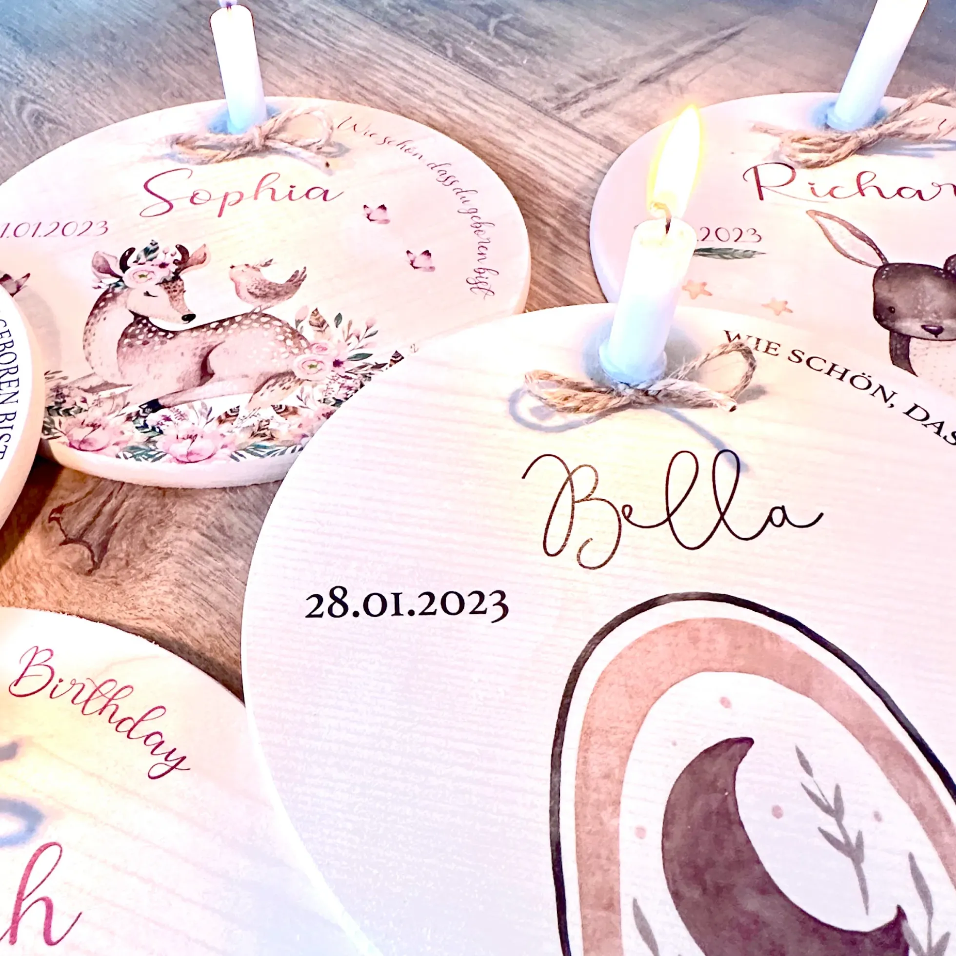 Kerzenteller "Fuchs" für Kinder | Personalisierter Geburtstagsteller aus Holz für Mädchen und Jungen + Kerze | Geschenkidee zur Geburt, Taufe, Kindergeburtstag | weitere Motive zur Auswahl
