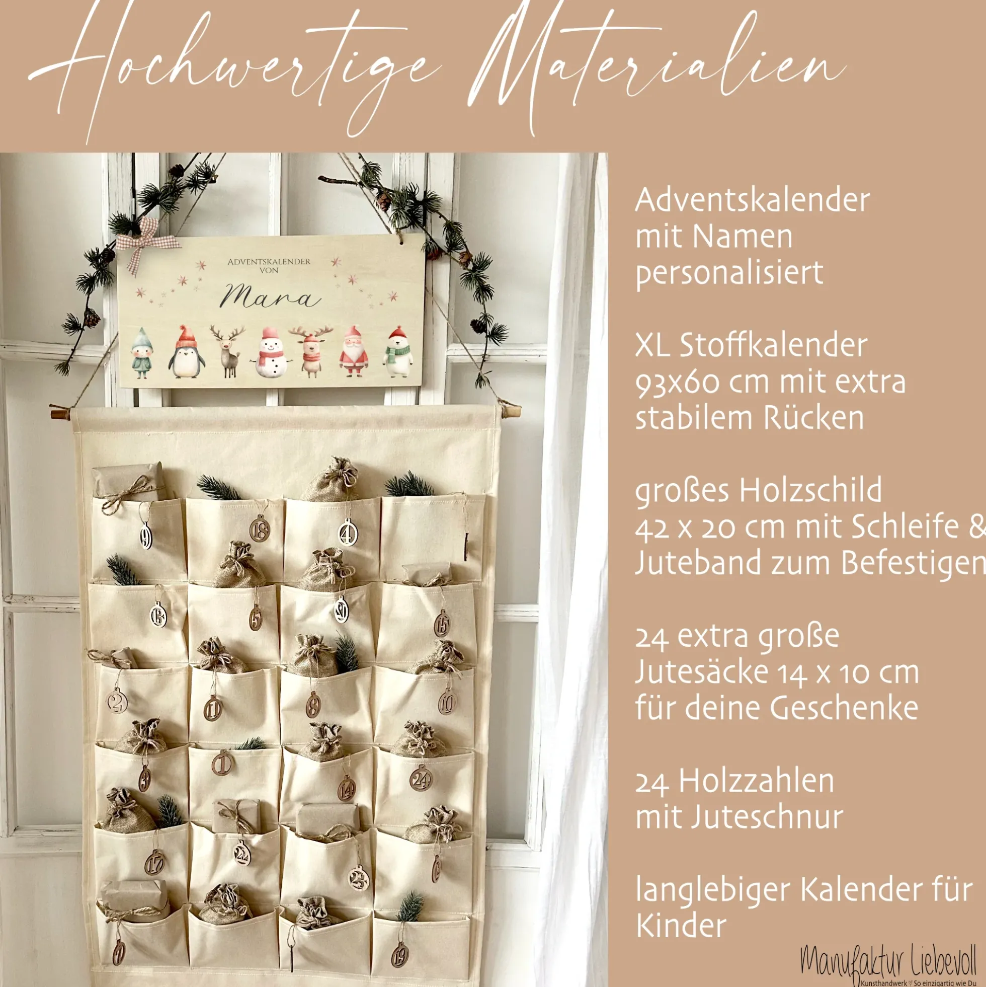Kinder Adventskalender "Weihnachtsfiguren" mit Namen personalisiert aus Stoff zum Befüllen Holzschild Adventskalender jedes Jahr Weihnachten Mädchen Jungen