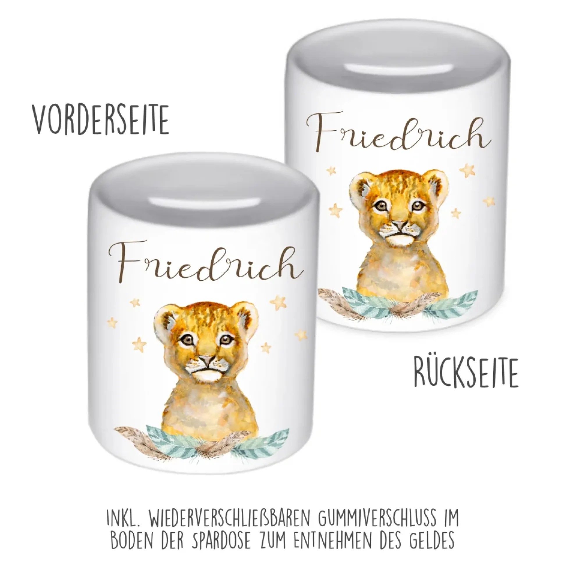 Kinder Spardose Löwe mit Namen für Kinder | Personalisiertes Geschenk für Mädchen u. Jungen | Originelles Geldgeschenk u. handgefertigte Geschenkidee | 11 Motive zur Auswahl