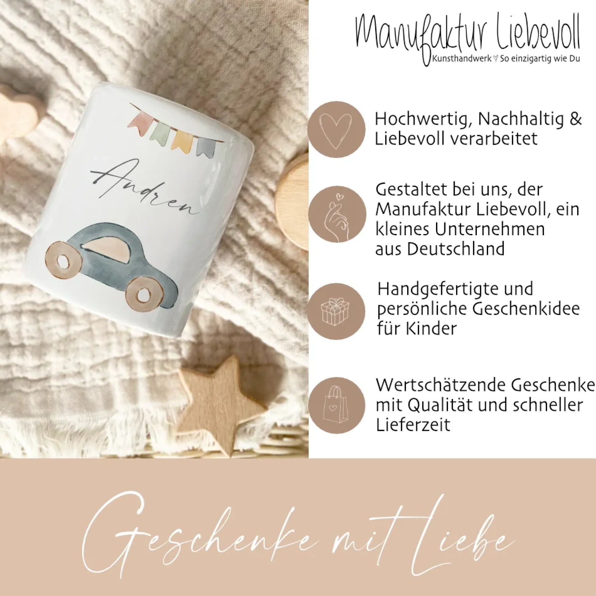 Kinderspardose mit Auto - Personalisiert mit dem Namen des Kindes