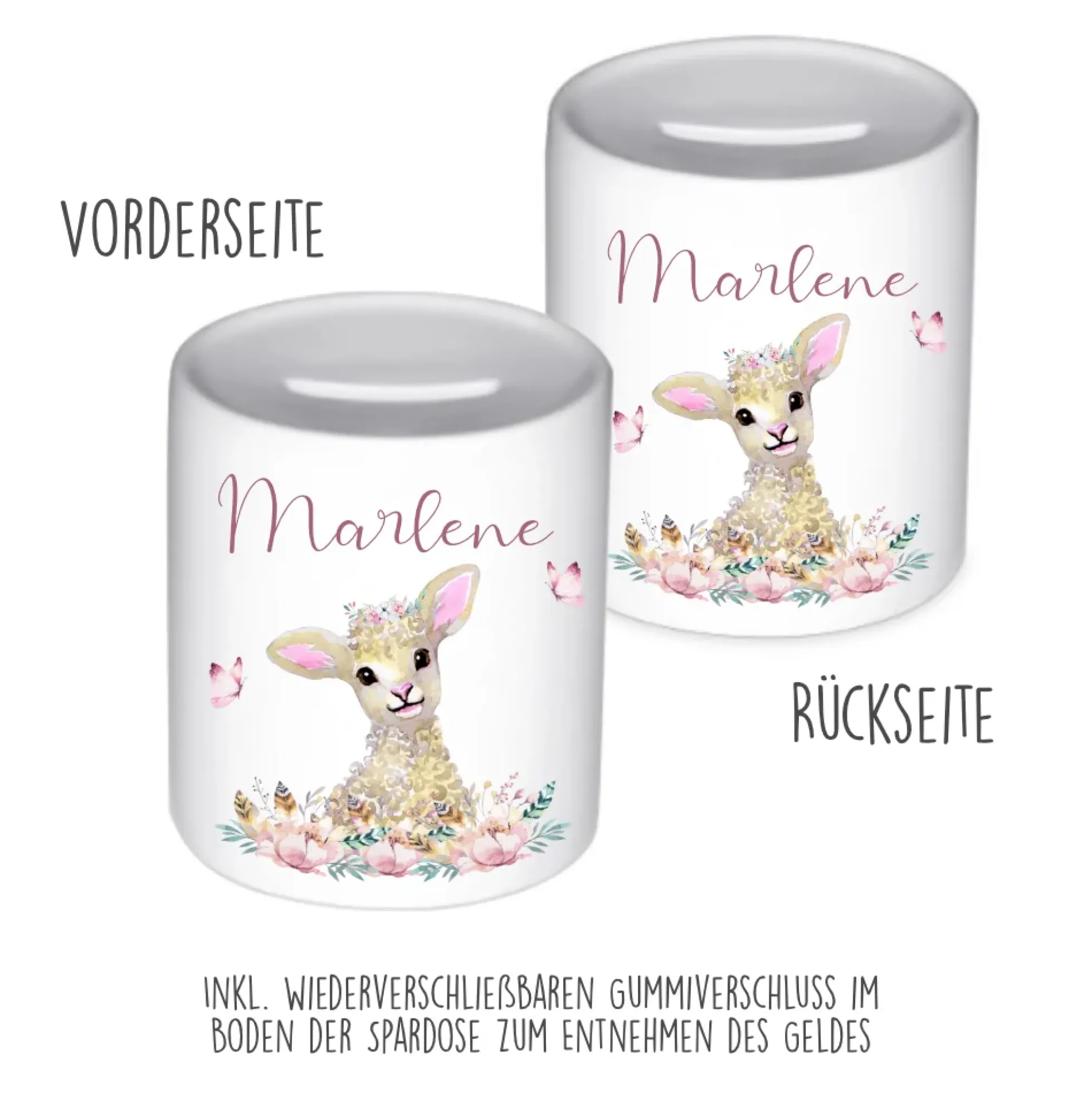 Kinder Spardose Tiermotiv Schaf mit Namen für Mädchen | Personalisiertes Geschenk für Kinder | Originelles Geldgeschenk u. handgefertigte Geschenkidee | 11 Motive zur Auswahl