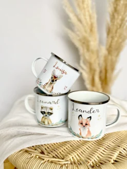 Kindertasse Fuchs mit Namen des Kindes | Trinkbecher aus Emaille für Mädchen u. Jungen I Personalisierte Tasse als tolles Geschenk | 4 Motivvarianten zur Auswahl