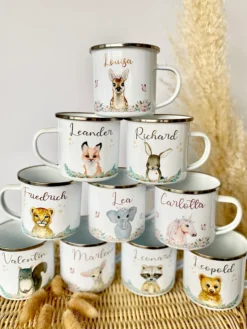Kindertasse Fuchs mit Namen des Kindes | Trinkbecher aus Emaille für Mädchen u. Jungen I Personalisierte Tasse als tolles Geschenk | 4 Motivvarianten zur Auswahl