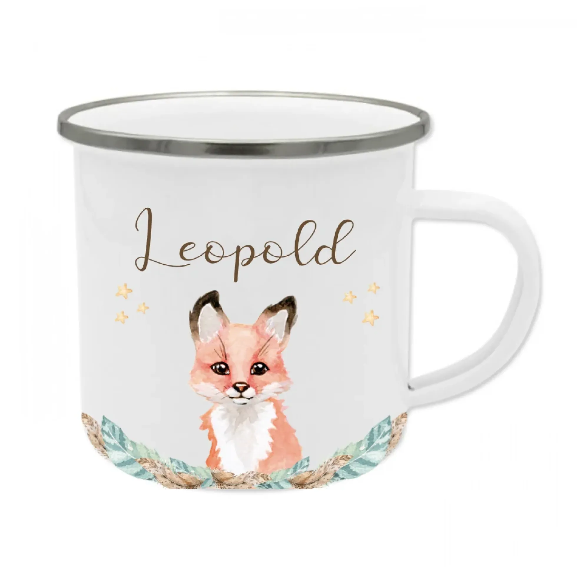 Kindertasse Waschbär mit Namen des Kindes | Trinkbecher aus Emaille für Mädchen u. Jungen I Personalisierte Tasse als tolles Geschenk | 4 Motivvarianten zur Auswahl