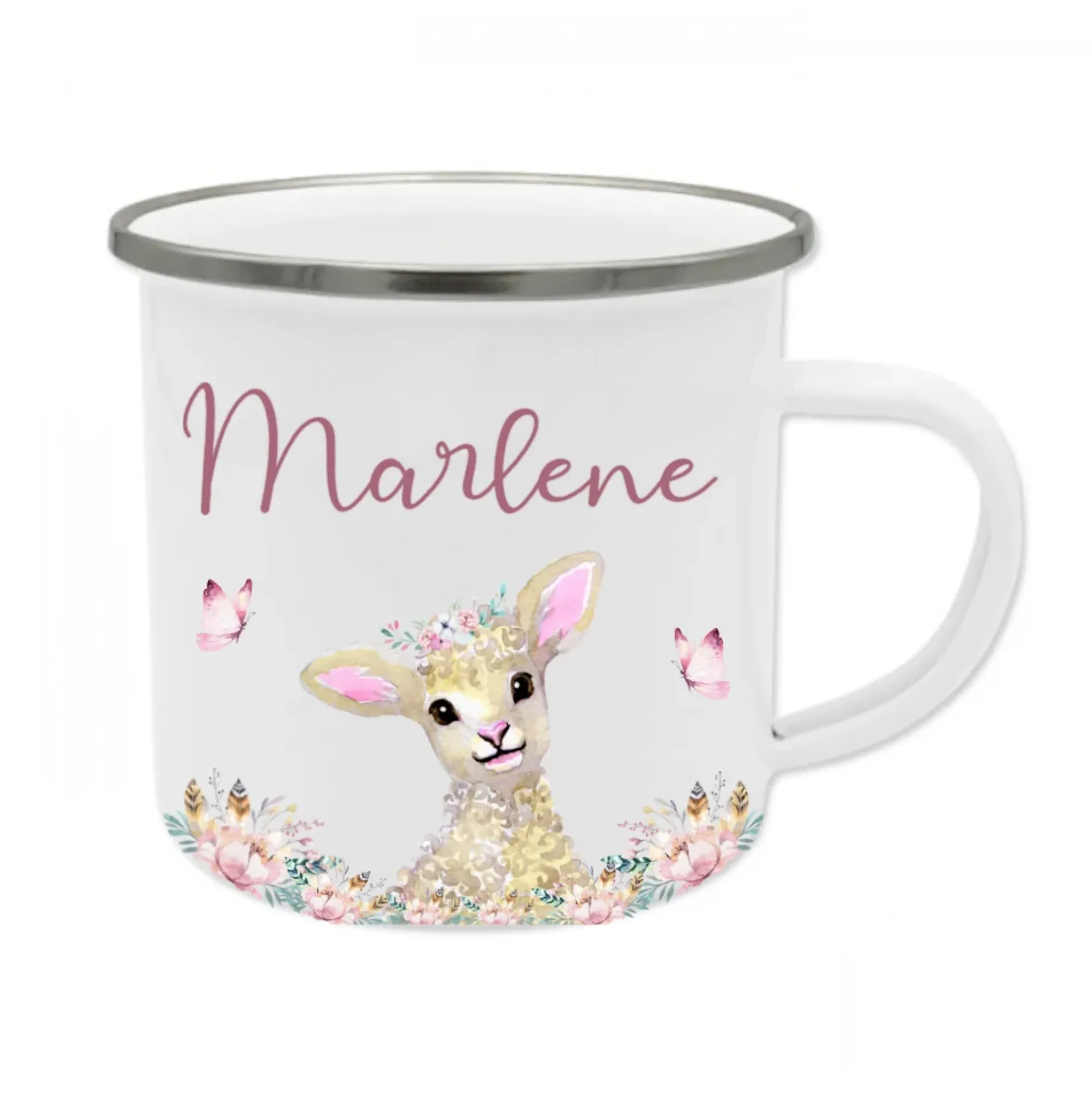 Kindertasse Waschbär mit Namen des Kindes | Trinkbecher aus Emaille für Mädchen u. Jungen I Personalisierte Tasse als tolles Geschenk | 4 Motivvarianten zur Auswahl