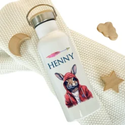 Kinder Trinkflasche "cooler Hase" personalisiert für Jungen / Teenager mit Namen | Edelstahl Thermosflasche Tiermotiv mit Bambusdeckel | Kita Schule 500ml