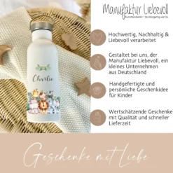 Kinder Trinkflasche "Tiere Safari" für Jungen / Mädchen mit Namen | Personalisierte Edelstahl Thermosflasche Tiermotiv mit Bambusdeckel | Kita Schule 500ml